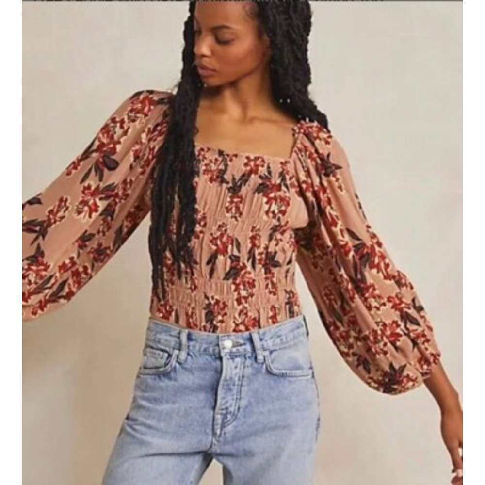 Free People Wild Daze Blush Burgundy Floral Smocked Long Sleeve Bodysuit S NWOT